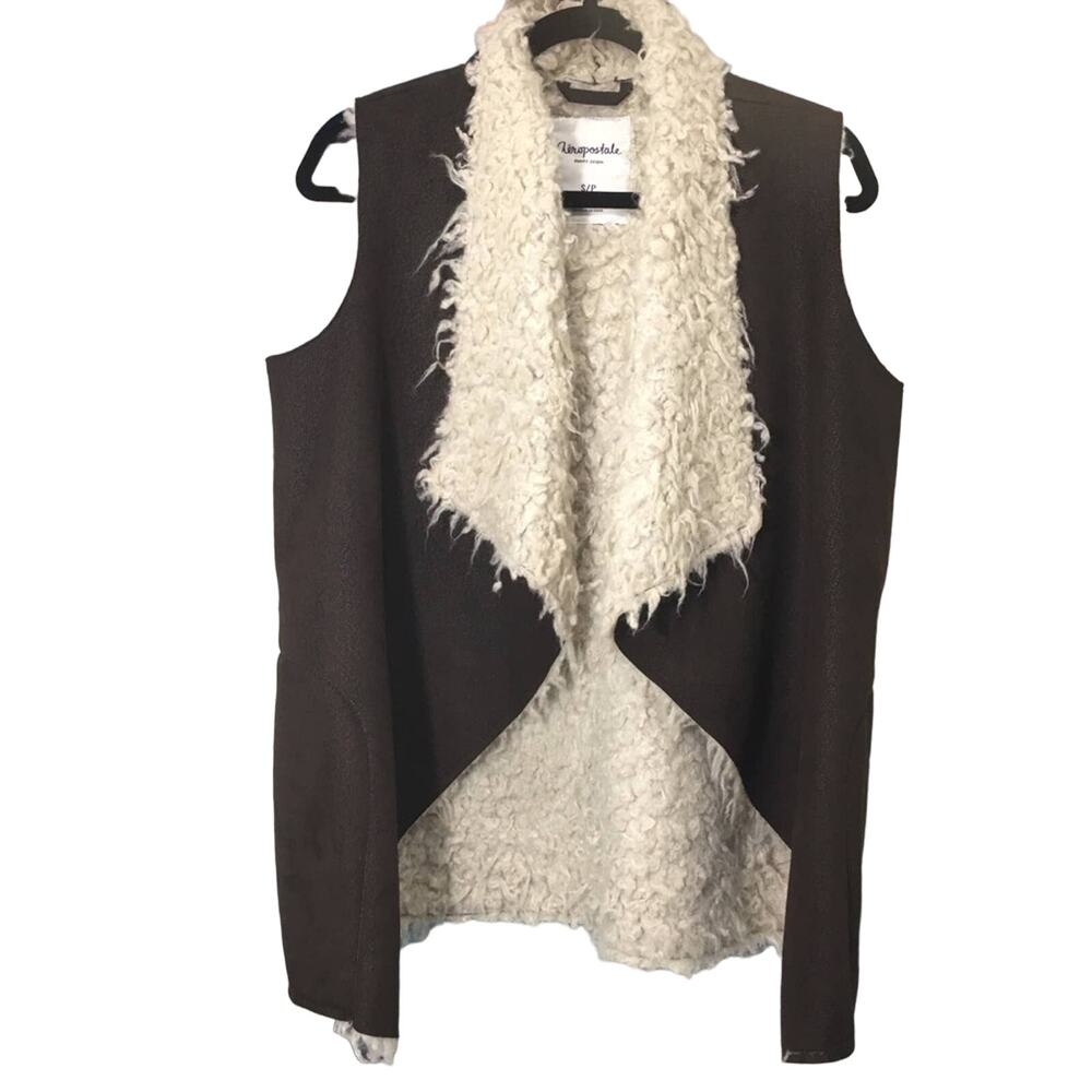 Aeropostale Boho Cozy Cowgirl Faux Suede Sherpa Open Front Brown Vest Size S